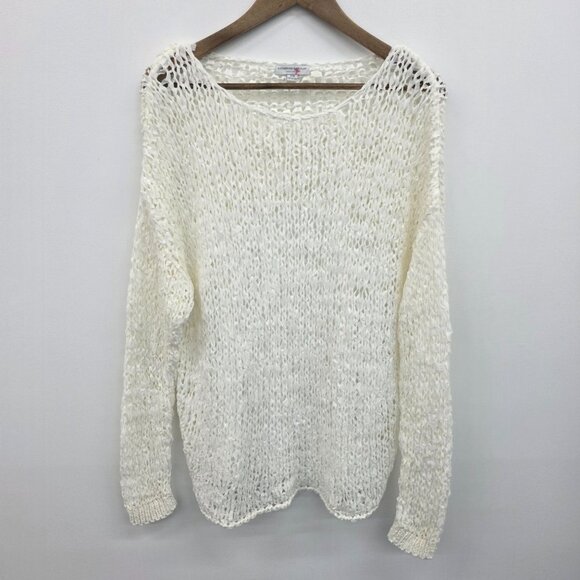 Womens S/M Ivory Open Knit Sheer Chiffon Back Sweater Boho Layered Festival - Picture 3 of 16